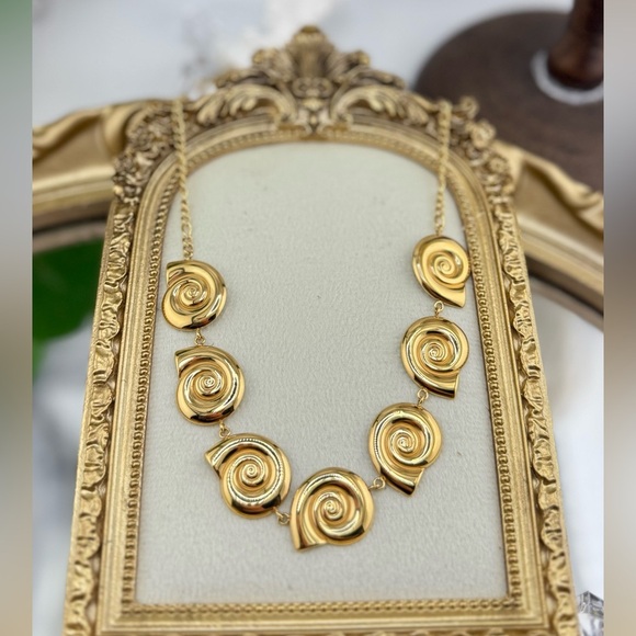 Gold Swirl Statement Necklace – Stainless Steel, Real Gold Plated - Picture 7 of 17